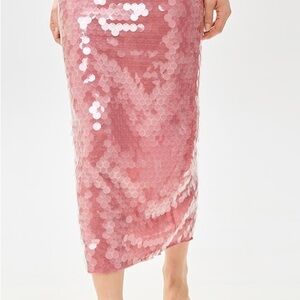 STAUD Casey Skirt in Sienna Pink - Sequin Midi Pencil Skirt with Slit